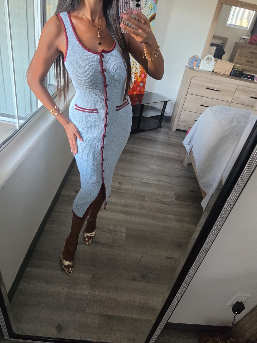 Sleeveless Light Blue Knit Midi Dress with Burgundy Trim Stretchy - Picture 12 of 17